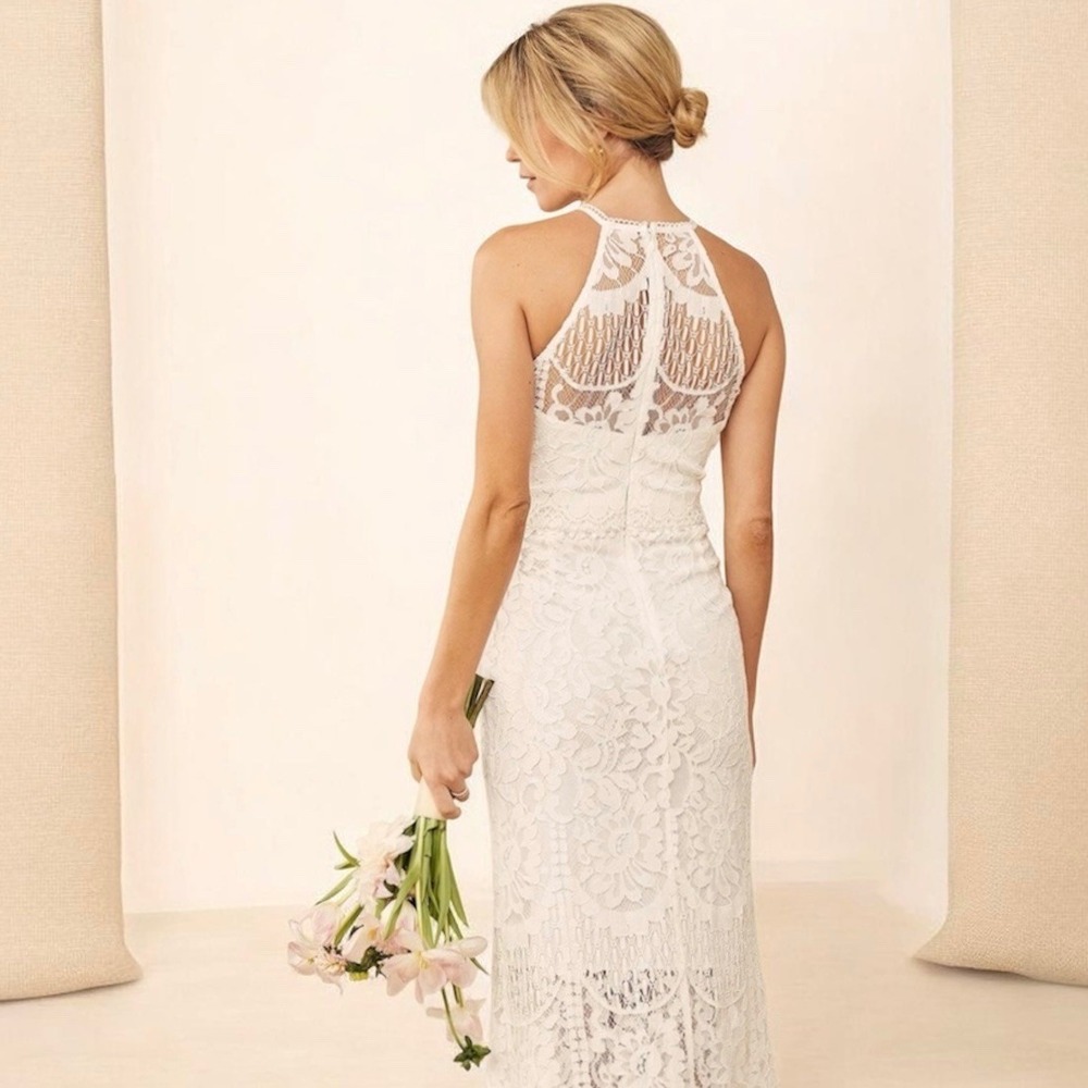 Lulus Magic in the Moment Off White Lace Tiered Maxi Dress Halter Bridal XL New - Picture 5 of 11
